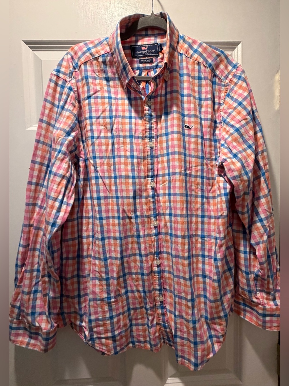 Size L Vineyard Vines Men's Pink, Blue, orange & White Plaid Button-Down Shirt